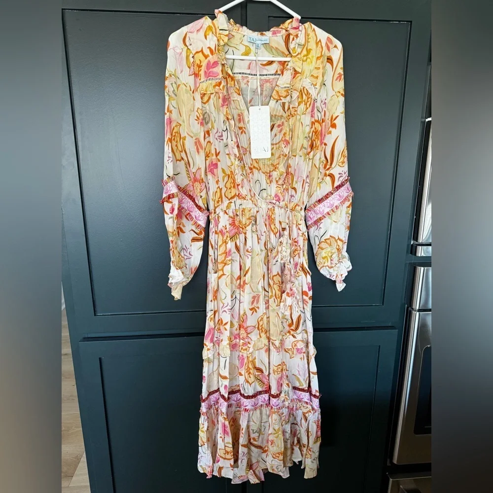 NWT TAJ by Sabrina Crippa Antiope Tassel Trim Midi Dress in Poppy ~ Size Small